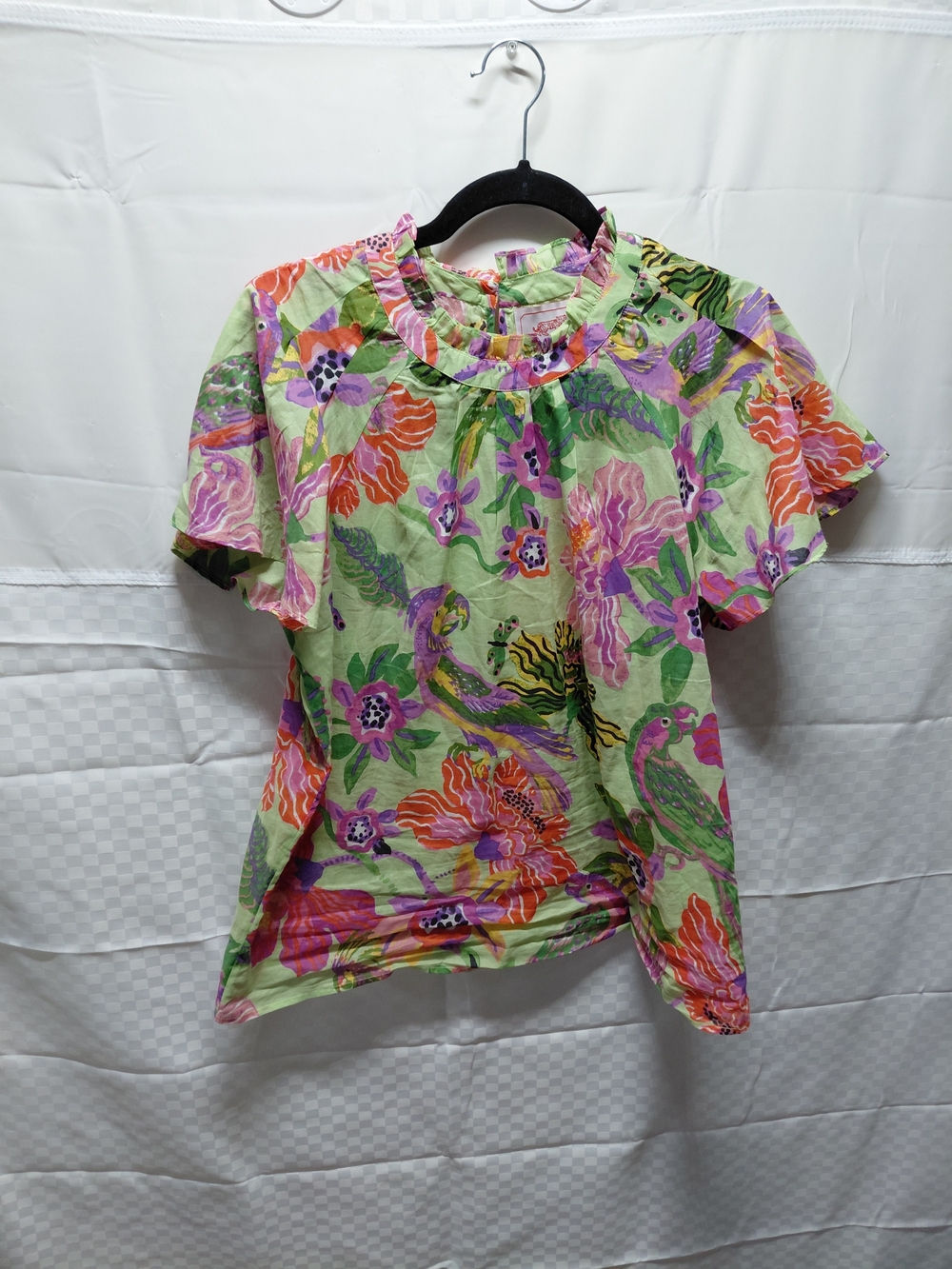 Bright Floral Short Sleeve Blouse in Lime Green, Pink & Orange #(C20)
